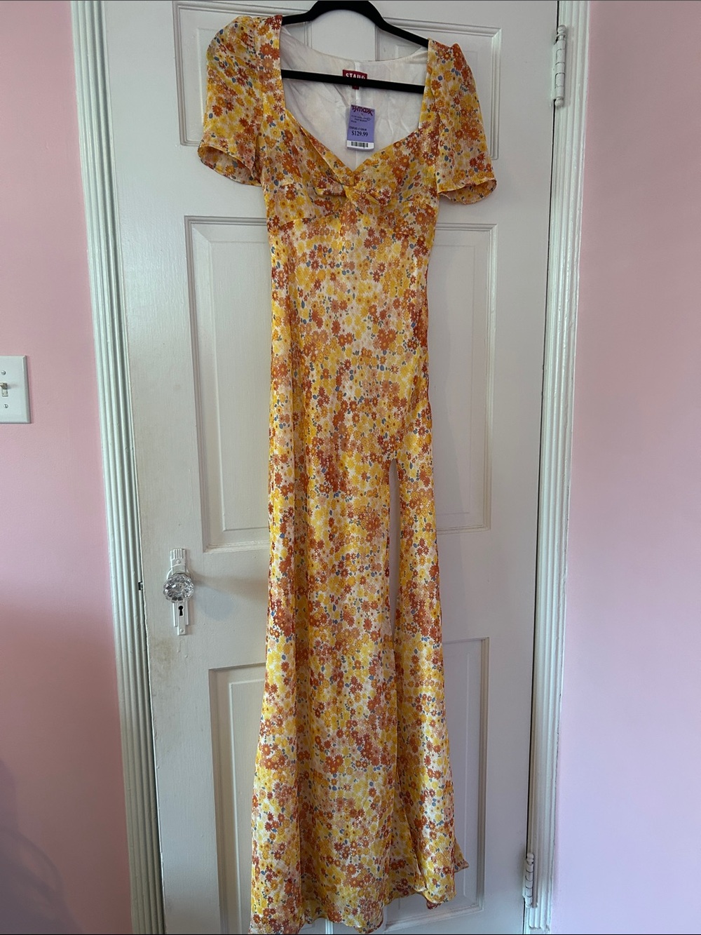 STAUD Yellow Floral Maxi Dress with Side Slit